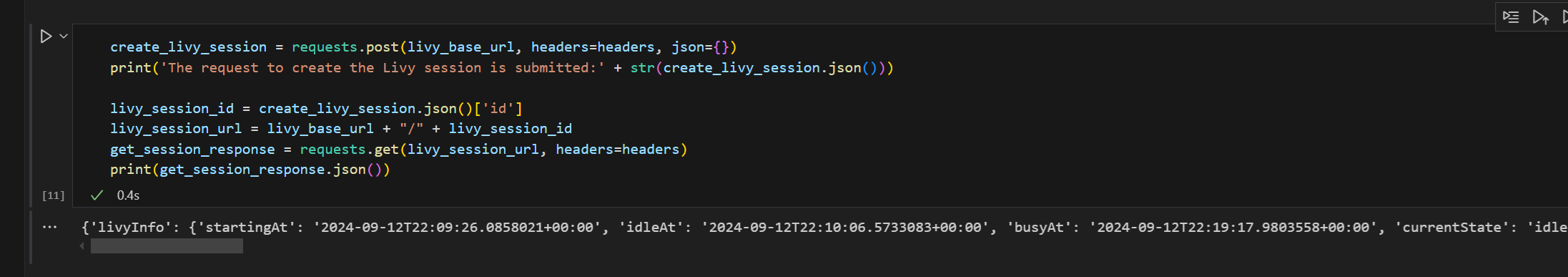 最初のノートブック セルの実行結果を示すスクリーンショット。