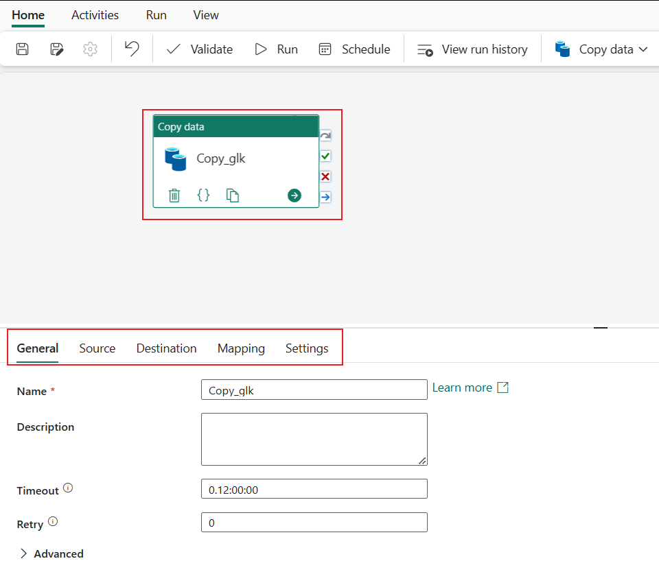 Copy アクティビティの完了を示すスクリーンショット。Copy アクティビティの設定タブが強調表示されています。