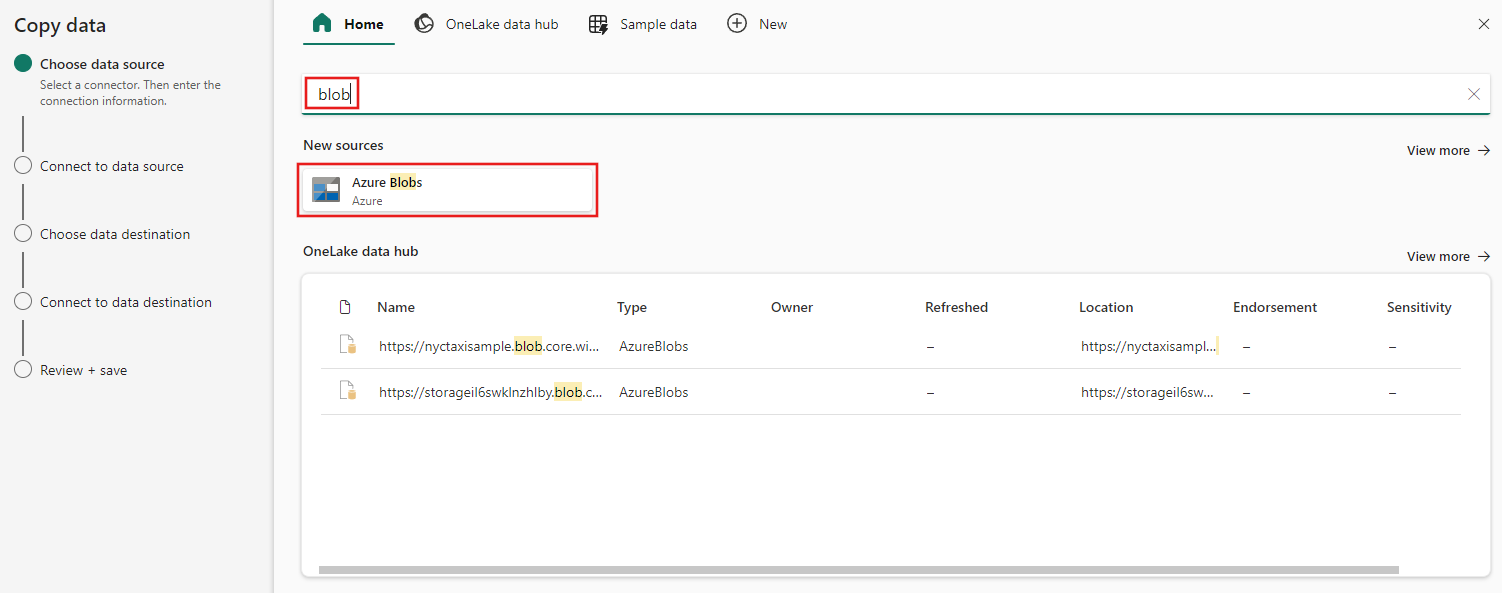 データ ソースとして Azure Blob Storage を選択する場所を示すスクリーンショット。