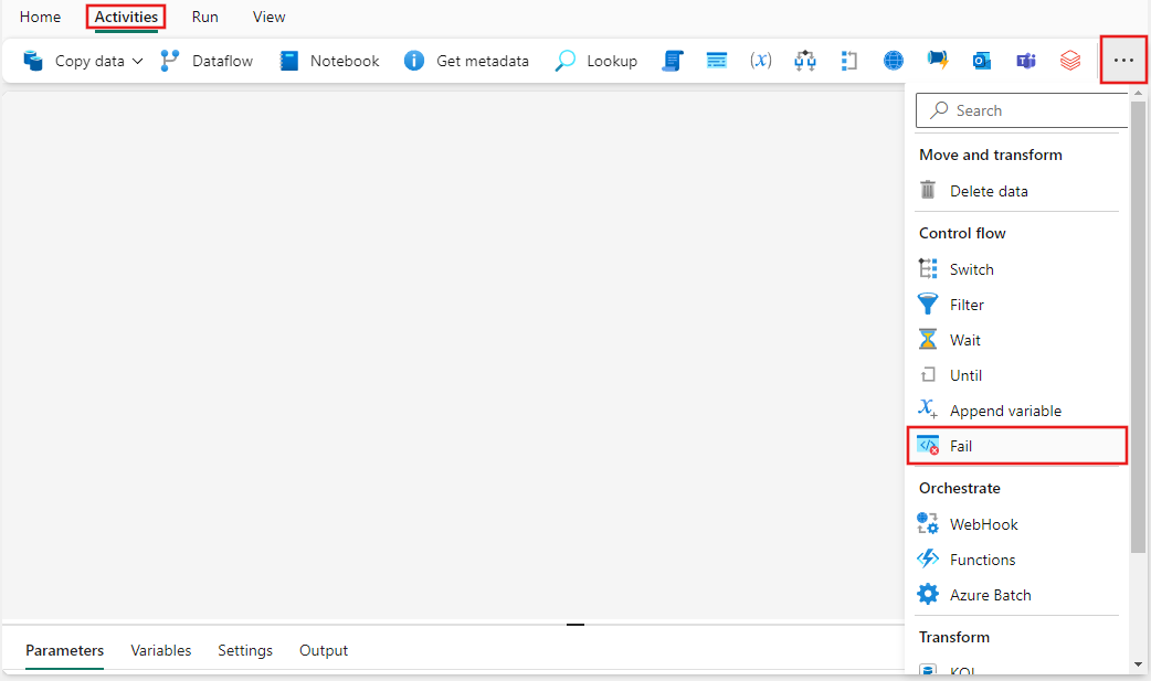 [アクティビティ] ウィンドウと [失敗] アクティビティが強調表示されている Fabric UI のスクリーンショット。