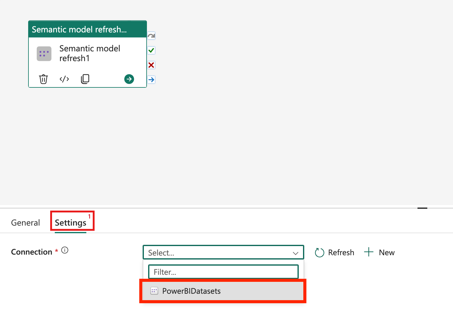セマンティック モデルの更新のために Power BI 接続を選択する場所を示すスクリーンショット