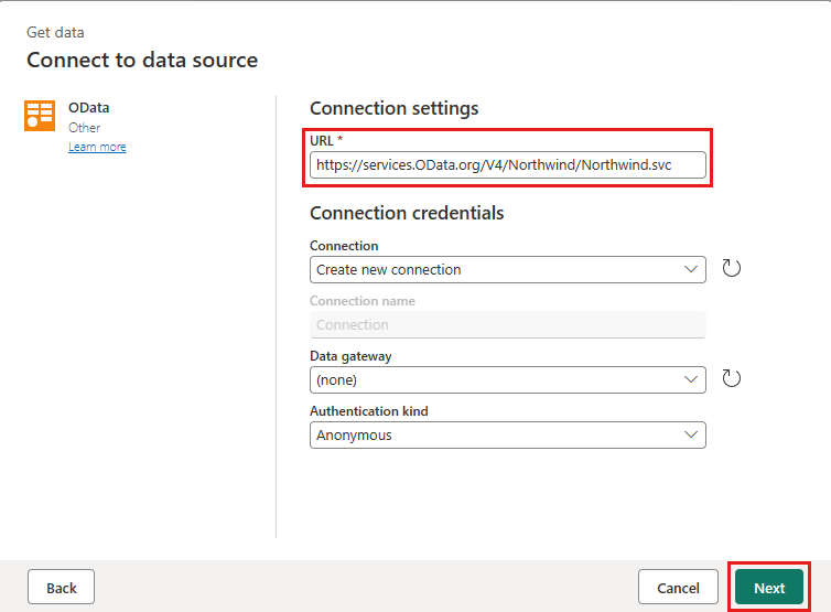 OData の設定を示すスクリーンショット。