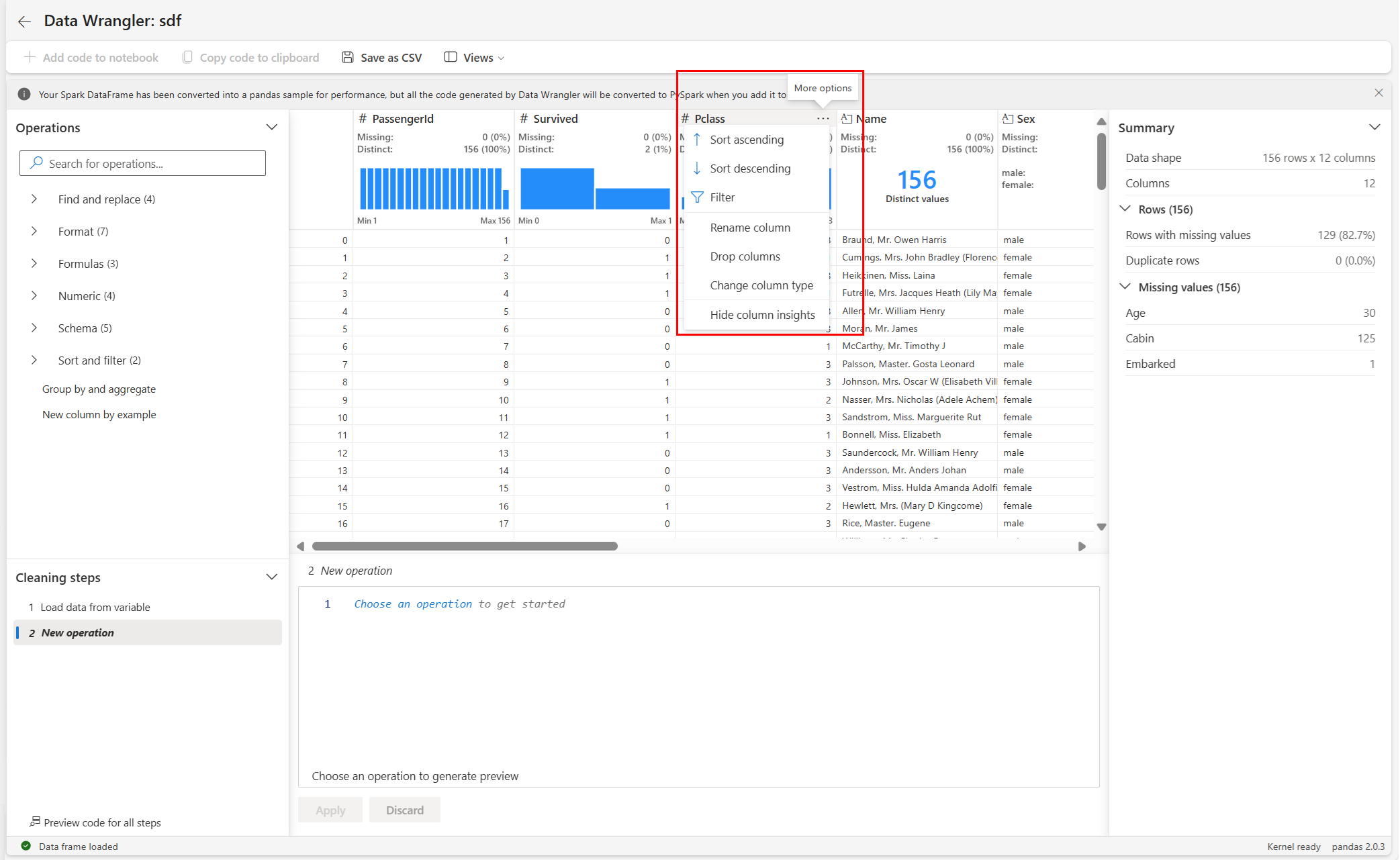 列ヘッダー メニューから適用できる Data Wrangler 操作を示すスクリーンショット。