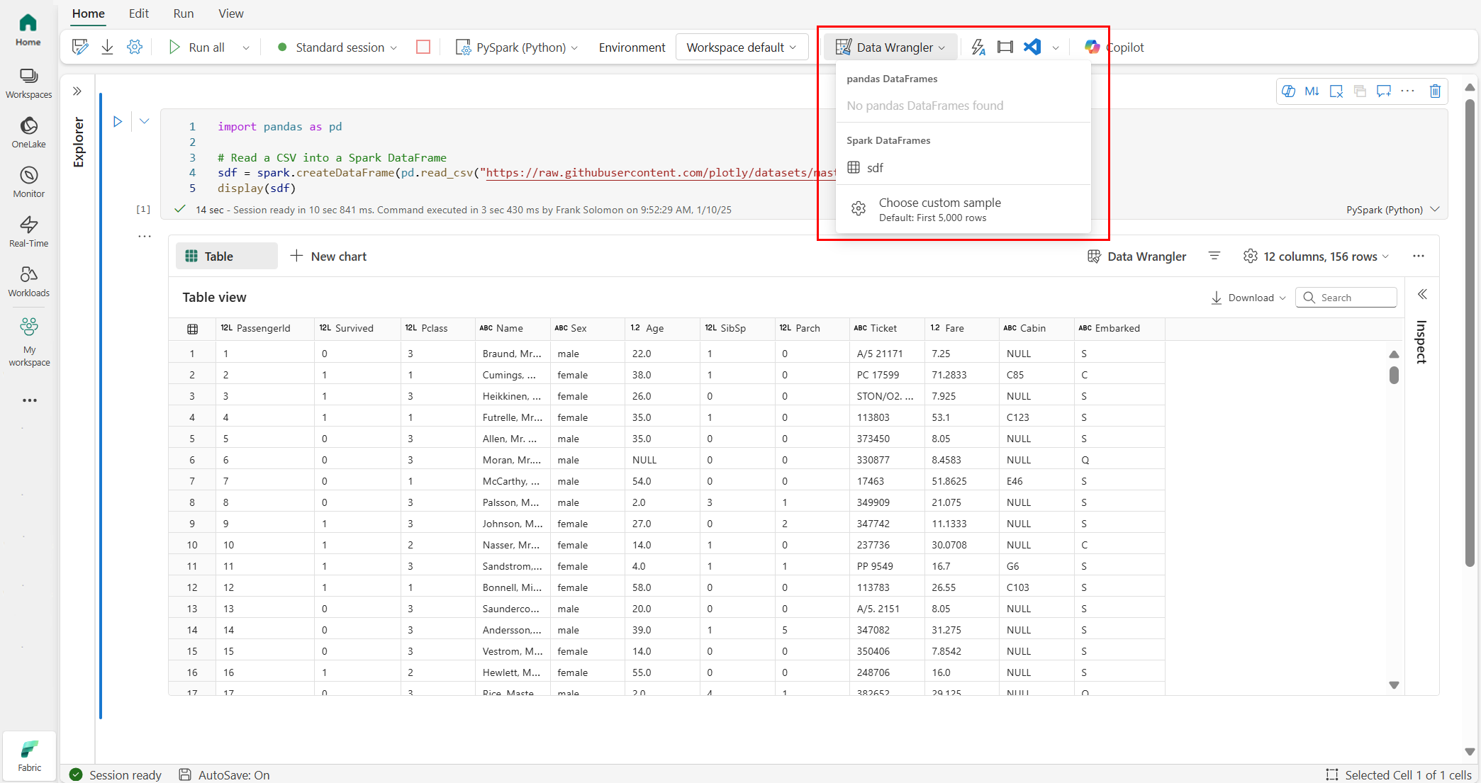 Data Wrangler ドロップダウン プロンプトが表示された Fabric ノートブックを示すスクリーンショット。