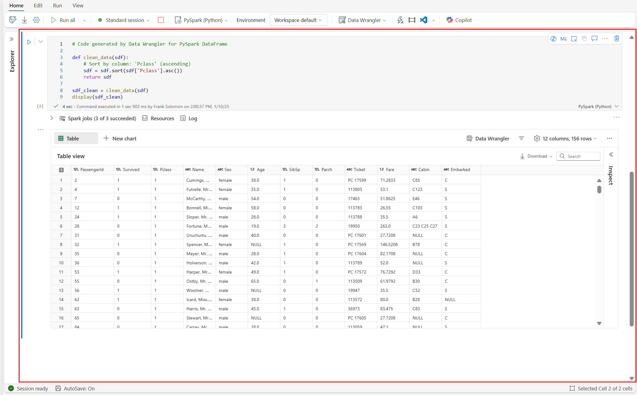 Data Wrangler によって生成されたコードをノートブックに戻すスクリーンショット。