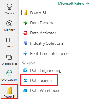 Screenshot of the experience switcher menu, showing where to select Data Science.