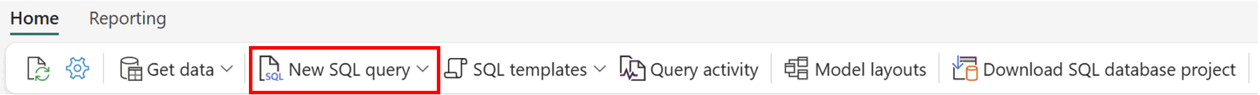 [ホーム] 画面のリボンのスクリーンショット。[新規 SQL クエリ] を選択する場所を示しています。