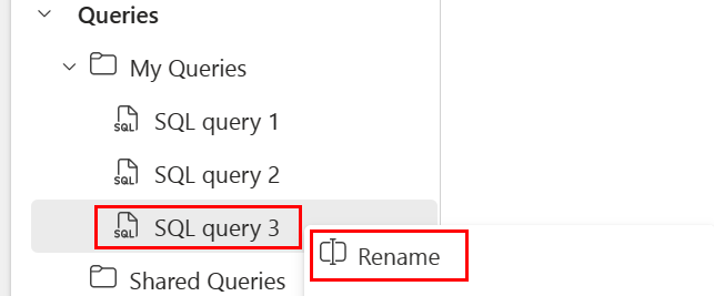 [エクスプローラー] ペインのスクリーンショット。クエリを右クリックして [名前の変更] を選択する場所を示しています。