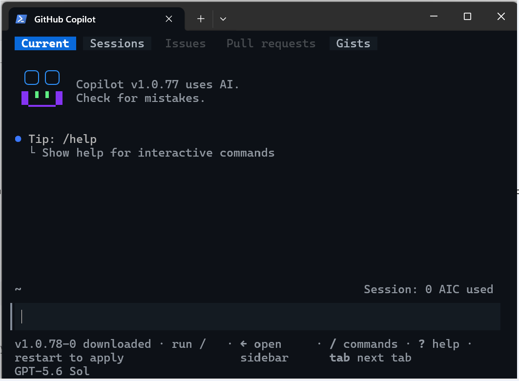 PowerShell端末でGitHub Copilotインターフェースが表示されているスクリーンショットです。