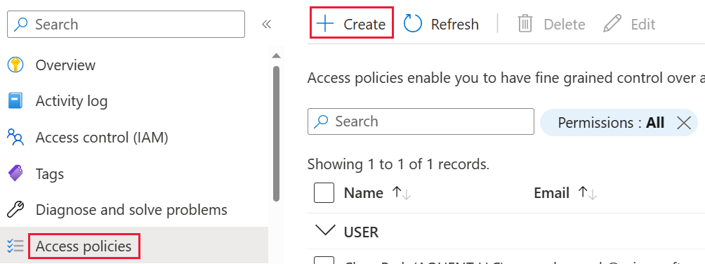 Azure portal のアクセス ポリシーの [作成] ボタンのスクリーンショット。