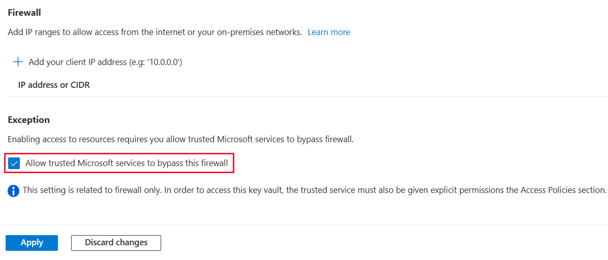 信頼された Microsoft サービスがこのファイアウォールをバイパスすることを許可するオプションのスクリーンショット。
