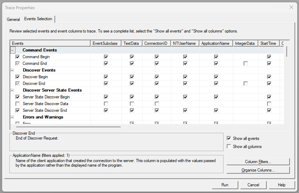 SQL Server Profiler で選択されたクエリ処理イベントを示すスクリーンショット。