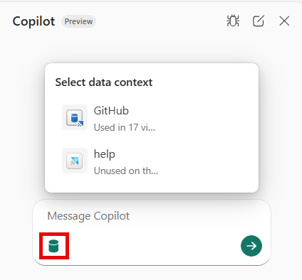 Copilotペインでデータソースを選択するスクリーンショット。
