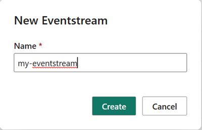 新しい Eventstream スクリーンでイベントストリーム名を入力する場所を示すスクリーンショット。