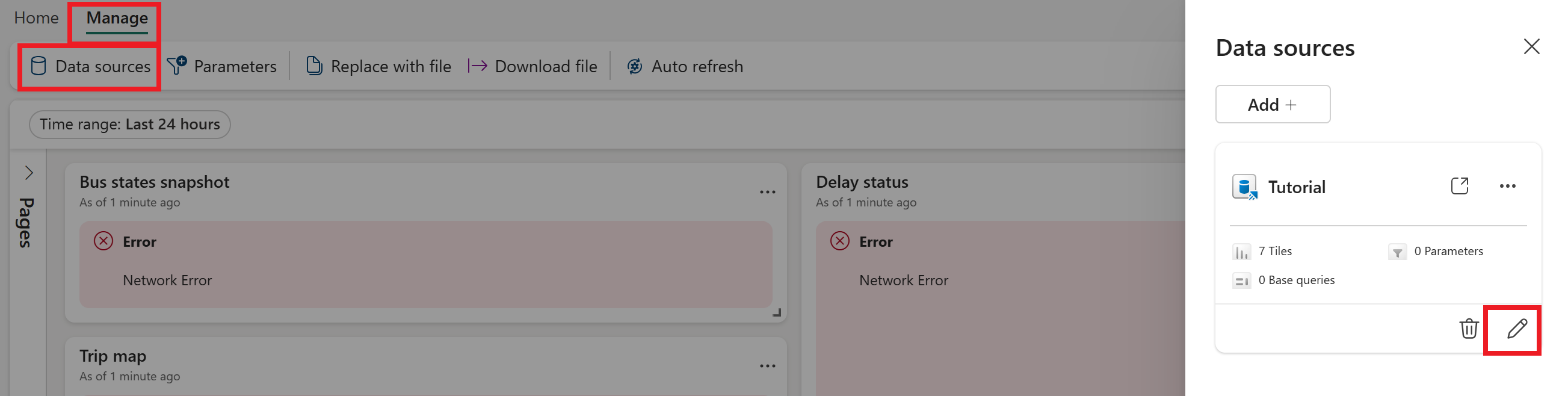 Real-Time ダッシュボードでのデータ ソースの管理のスクリーンショット。