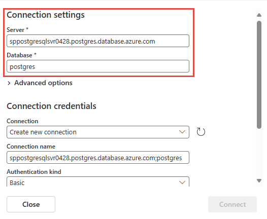 Azure PostgreSQL データベース コネクタの [接続設定] セクションを示すスクリーンショット。