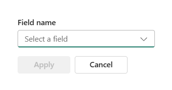 [フィールド名] という名前のダイアログ ボックス。ドロップダウン メニューには [フィールドの選択] というラベルが付き、下部には [適用] と [キャンセル] というラベルの 2 つのボタンがあります。