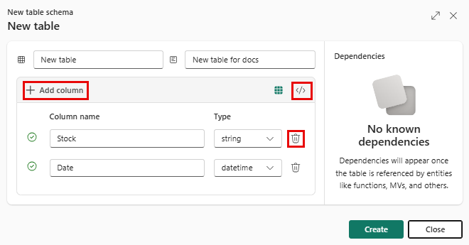 Real-Time Intelligence の新しい空のテーブル ウィザードのスクリーンショット。[列の追加]、[削除]、[コマンド ビューアー] オプションが強調表示されています。