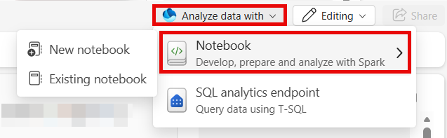 ノートブック オプションが強調表示された [*analyze data with* ]\(*データの分析\) ボタンが展開されているスクリーンショット。