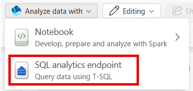[SQL 分析エンドポイント] オプションが強調表示された [データの分析] ボタンが展開されているスクリーンショット。