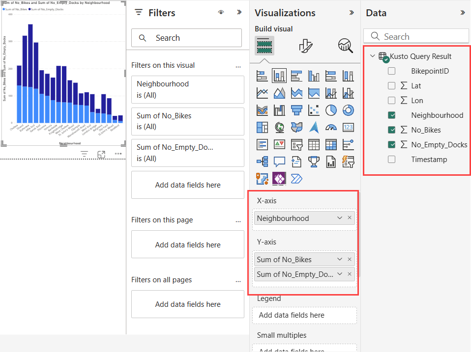 2 番目のビジュアルである縦棒グラフをレポートに追加するスクリーンショット。