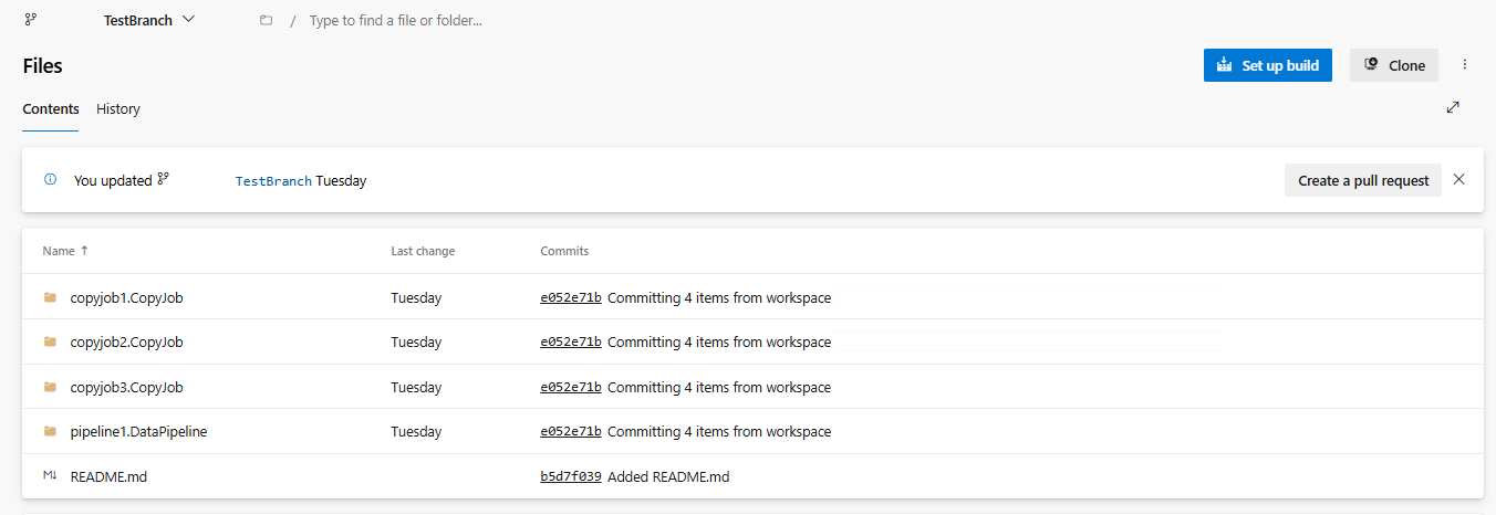 ADO リポジトリと同期された CopyJob を示すスクリーンショット。