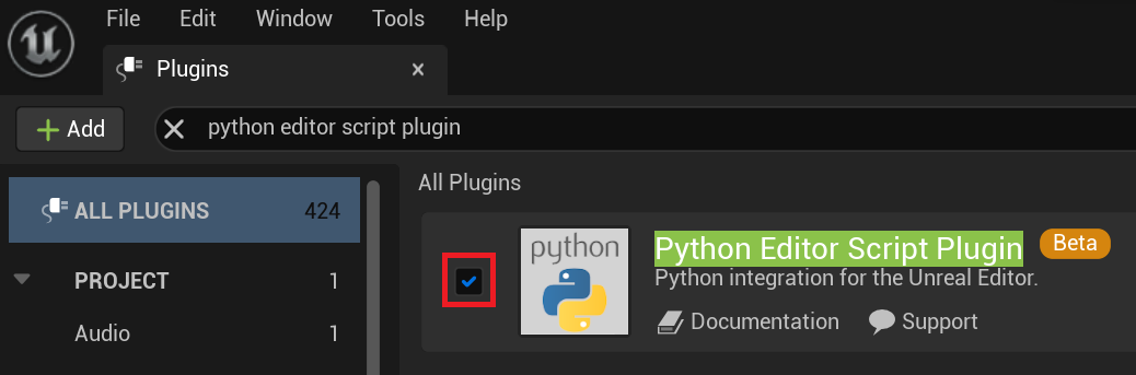 Unreal エディターの Python 拡張機能が有効になっています