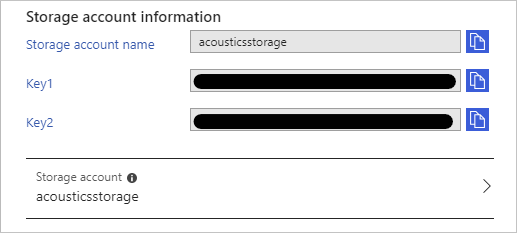 アクセス キーを含む Azure Storage のアカウント ［キー］ ページのスクリーンショット