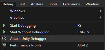 Visual Studio の [Unity デバッガーのアタッチ] のスクリーンショット