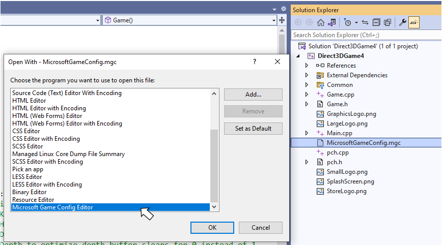 Visual Studio 内からゲーム構成エディターを使用する