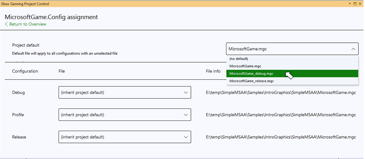 Xbox Project ゲーム コントロールで複数の MicrosoftGameConfig.mgc ファイルを管理する