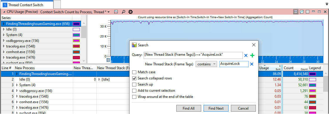 検索機能を使用して AcquireLock 関数 (この関数はコンテキスト切り替えが頻繁に発生する原因であるとわかっています) のすべての呼び出しを見つける方法を示すスクリーンショット。