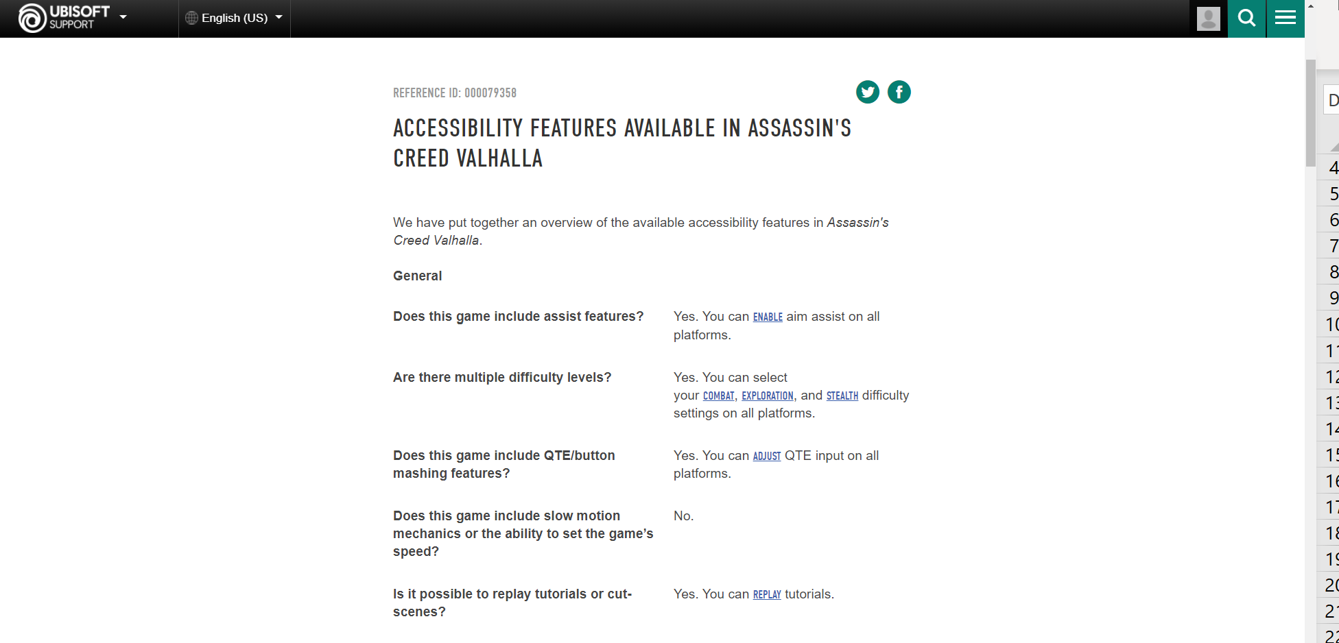 Ubisoft 公式サイトにあるアサシン クリード ヴァルハラの高レベル アクセシビリティ ドキュメントのスクリーンショット。