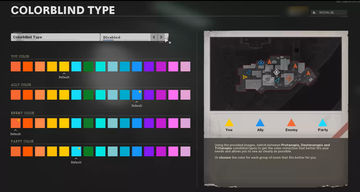 Call of Duty: Black Ops の色覚異常タイプのメニュー。色覚異常タイプのオプションは無効に設定されています。そのオプションの下には、プレイヤー、味方、敵、パーティー メンバーのミニマップ アイコンの 4 つのカラー セレクターがあります。画面の右側には、アイコンが配置されたミニマップと、各アイコンで選択した色を反映するキーがあります。