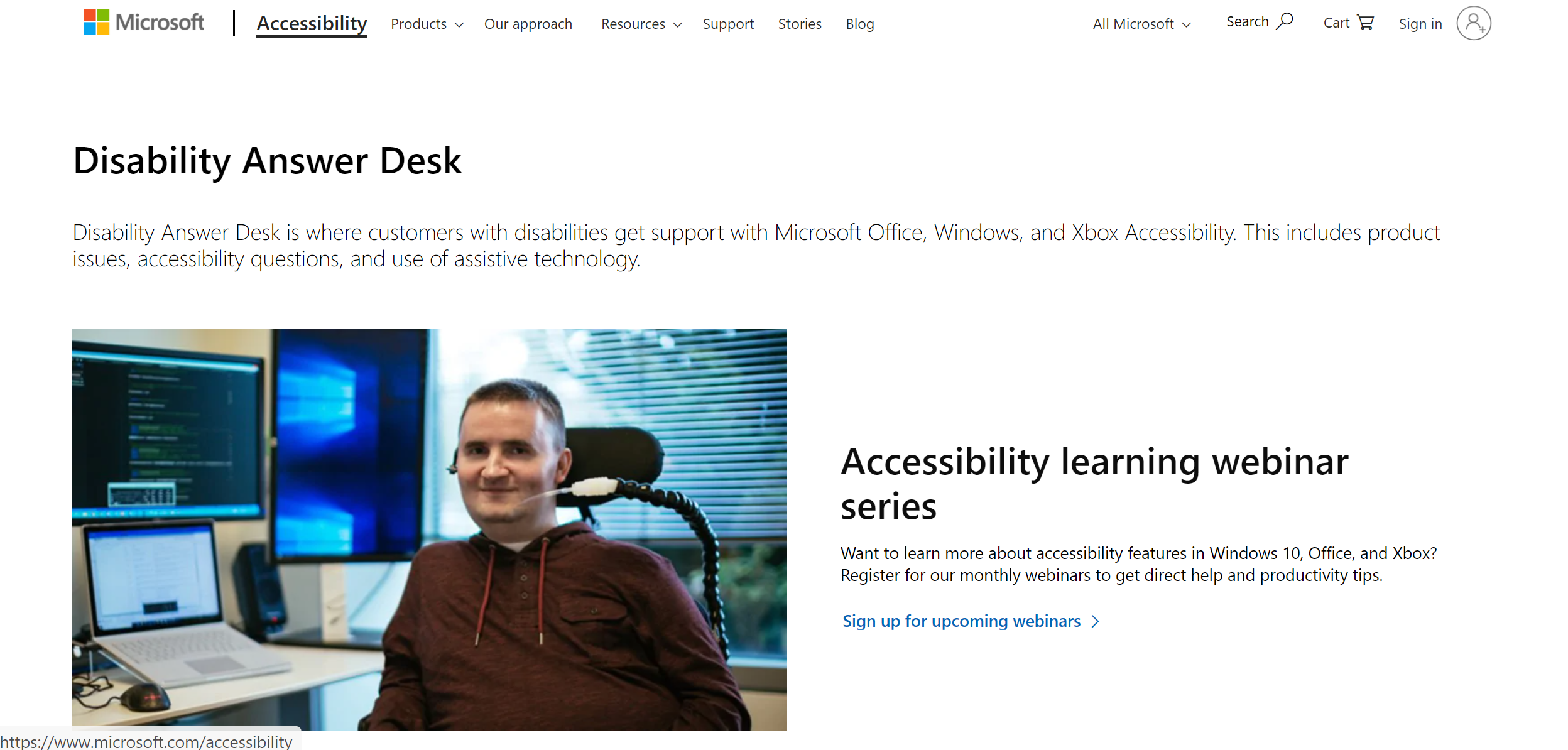 Microsoft Disability Answer Desk Web サイトのスクリーンショット。