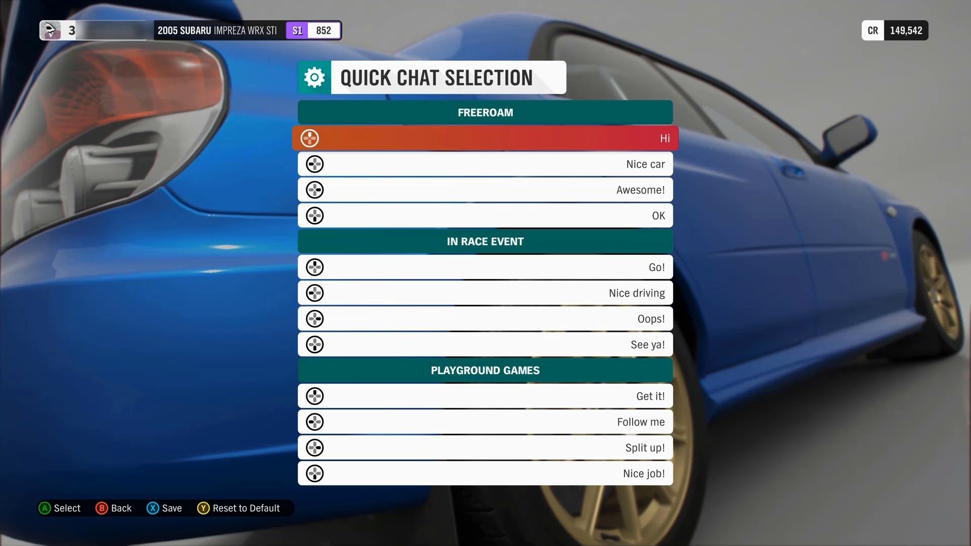 [クイック チャットの選択] 画面を示す Forza Horizon 4 のスクリーンショット。[D-Pad アップ] オプションが選択されています。