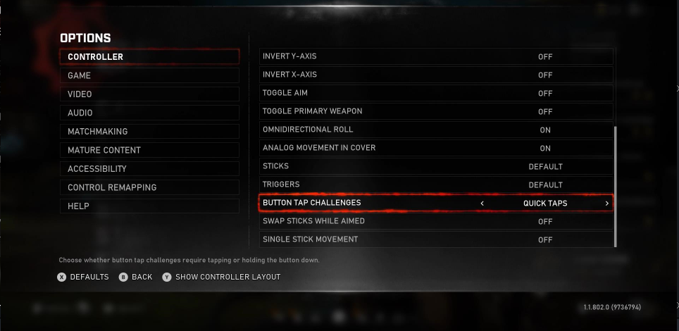 Gears 5 のコントローラー オプション メニュー。プレイヤーは