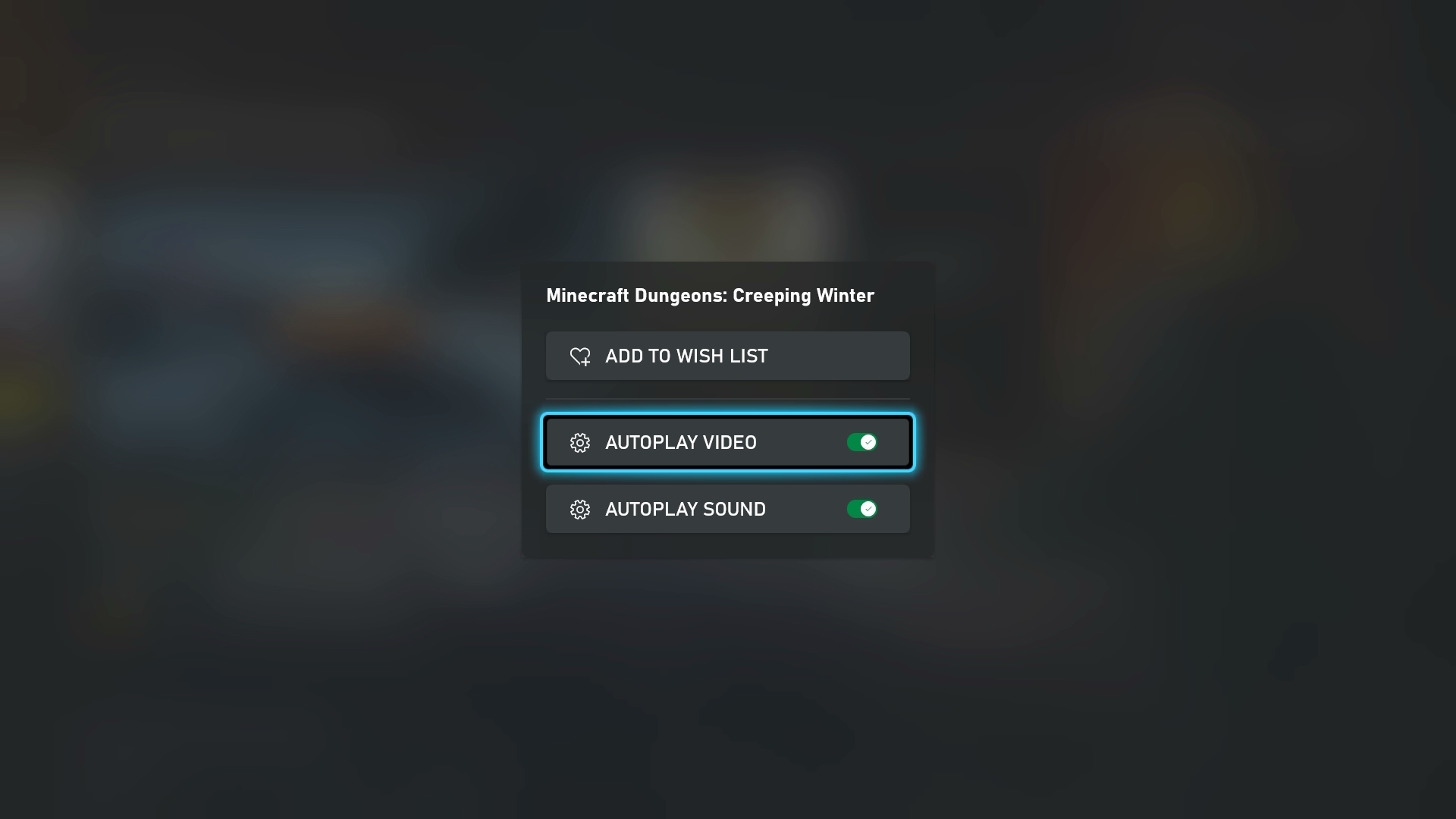 Xbox の Microsoft Store アプリのスクリーンショット。[ビデオの自動再生] と [自動再生サウンド] の切り替えを含むオプションを示すダイアログ ボックスが表示されます。