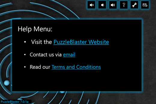 「ヘルプ メニュー」というタイトルの画面を示し、リンク付きの 3 つの箇条書きをリストした偽のゲーム Puzzle Blaster のスクリーンショット。