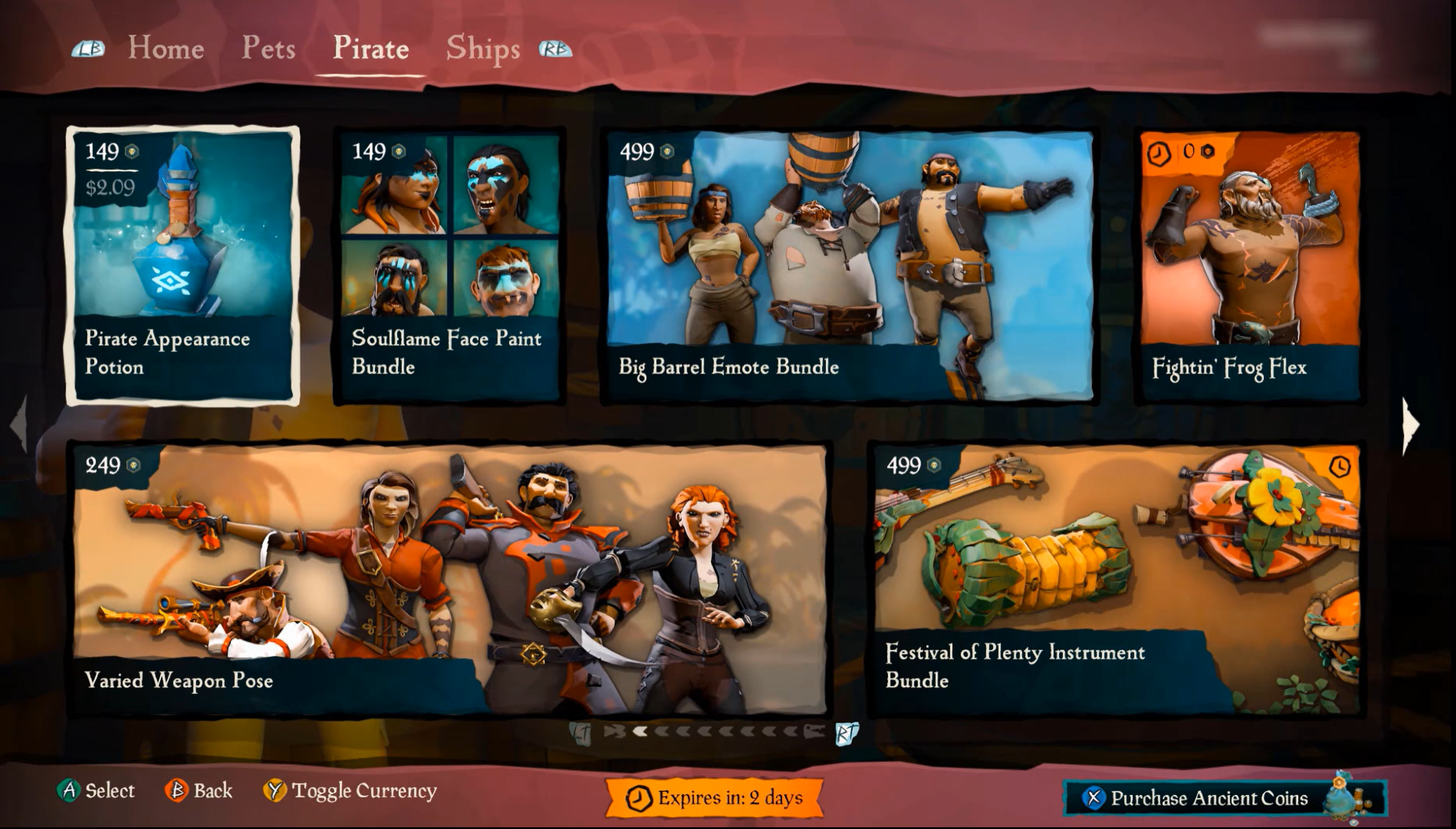 Sea of Thieves の [海賊] メニューのスクリーンショット。2 行のタイルが表示され、仮想通貨で購入できるゲーム内アイテムが表示されます。