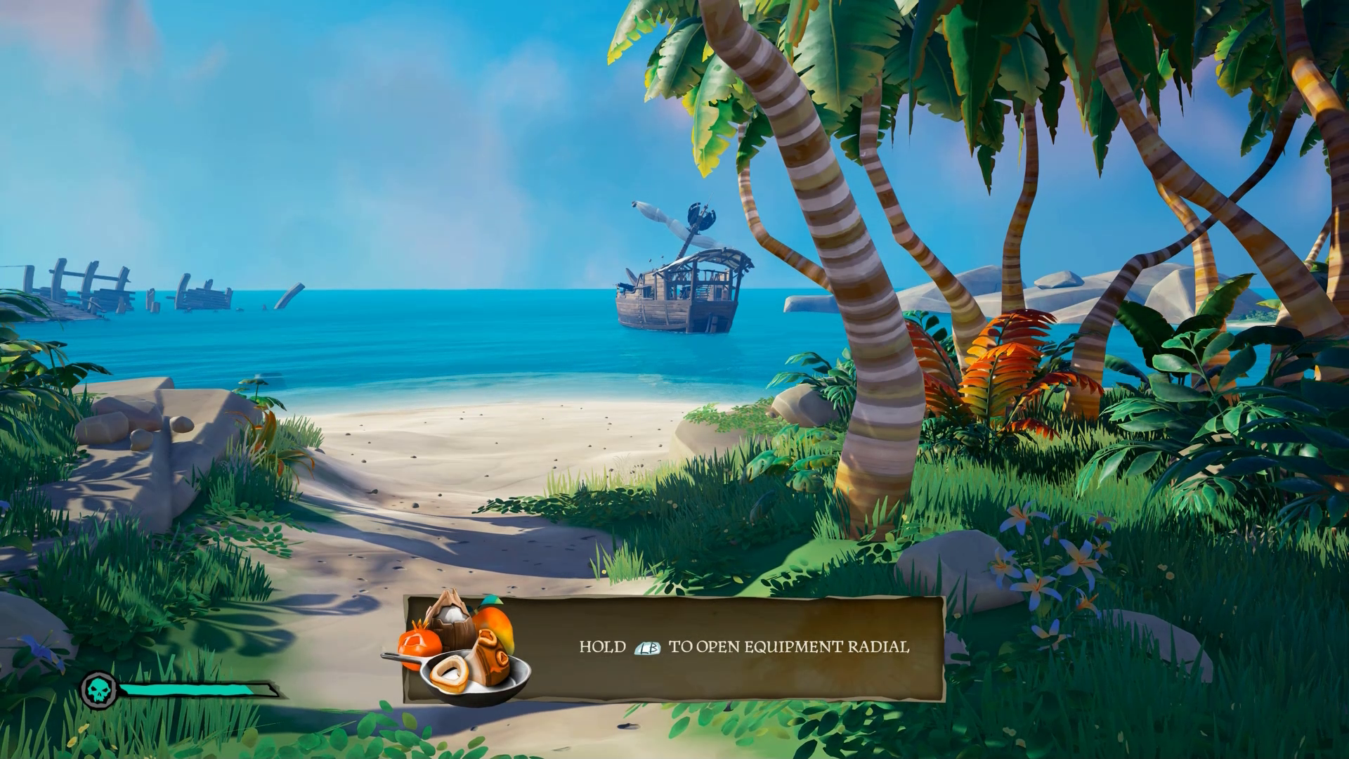 画面の下部にあるダイアログ ボックスにゲーム内のヘルプ メッセージを示すSea of Thievesのスクリーンショット。 