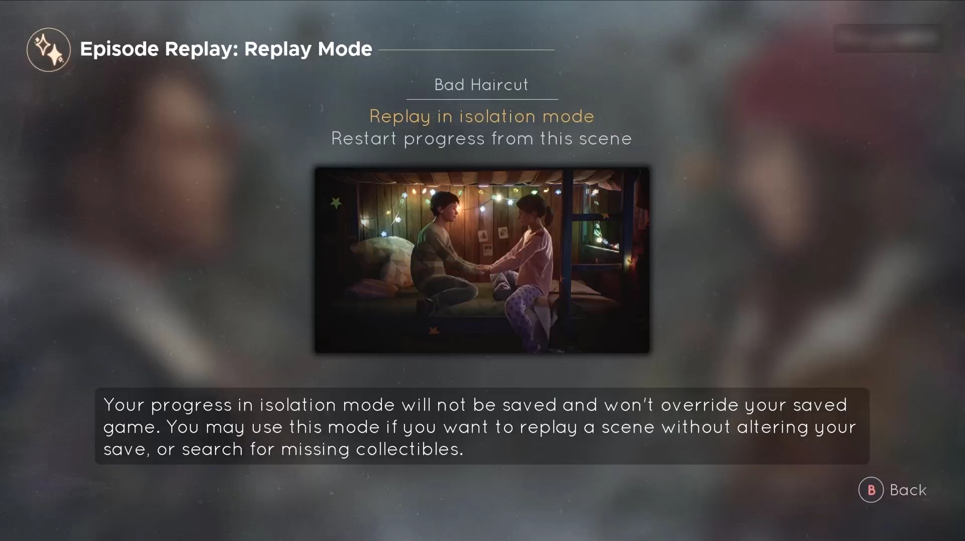 Game Tell Me Why のエピソード リプレイ モードのスクリーンショット。[このシーンからの再起動の進行状況] オプションが選択されています。選択したカットシーンが可視化されます。