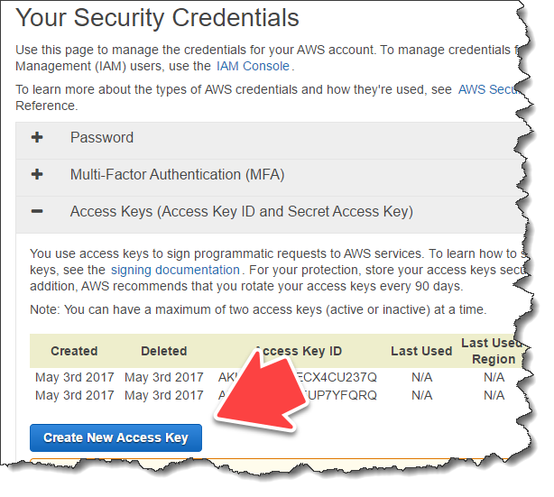 Amazon S3 - セキュリティ資格情報 - [Create Access Key] (アクセス キーを作成) を開く