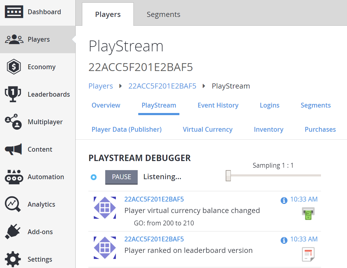 ゲーム マネージャー - プレイヤー - PlayStream デバッガー - ランキング イベントの確認