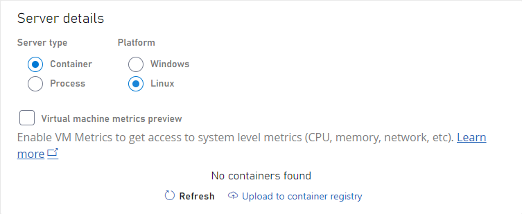 OS と サーバー タイプとして Linux コンテナー が選択されているサーバーの詳細