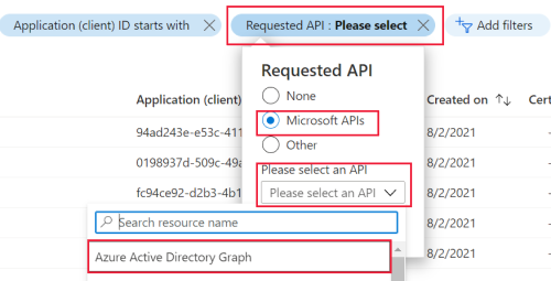Azure AD Graph を使用するアプリをフィルター処理します。