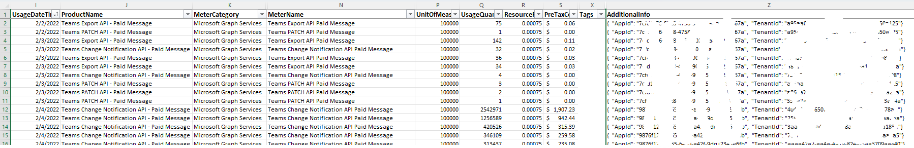 エクスポートされた CSV ファイルのスクリーンショット