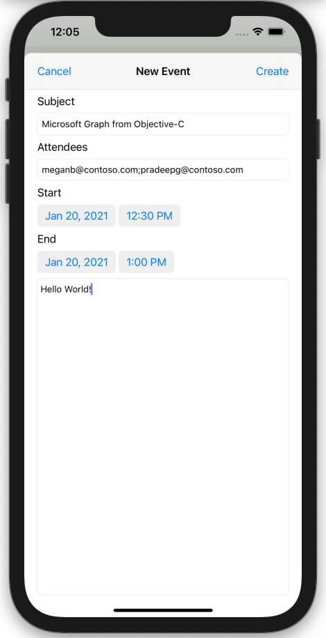新しいイベント フォームのスクリーンショット