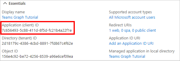 新しいアプリ登録のアプリケーション ID のスクリーンショット