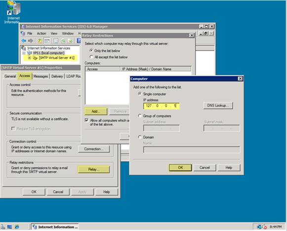 Screenshot of a desktop showing multiple windows. The Computer dialog is at the top with I P address and O K highlighted.